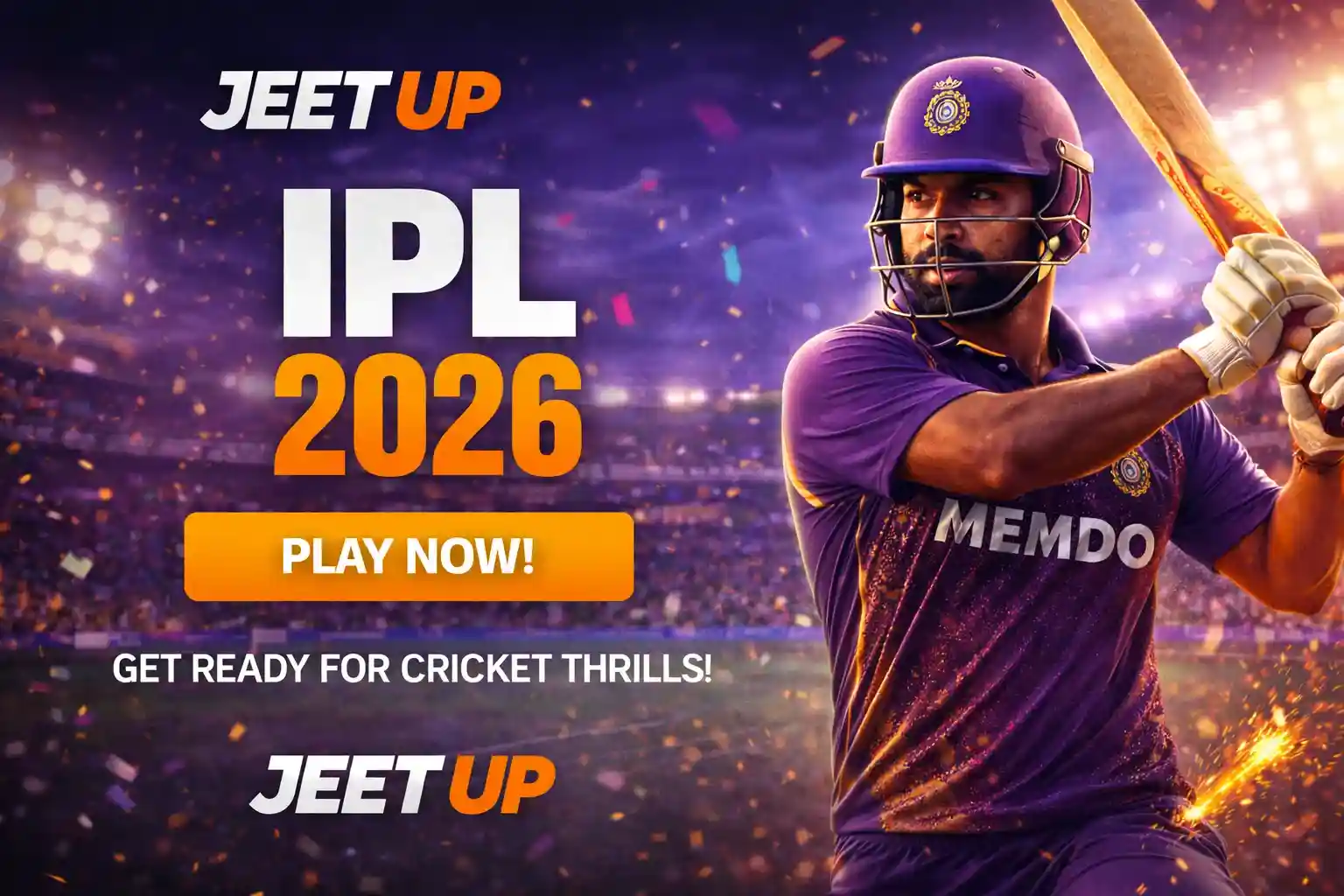Professional cricket player ready to bat in IPL 2026 betting promo banner