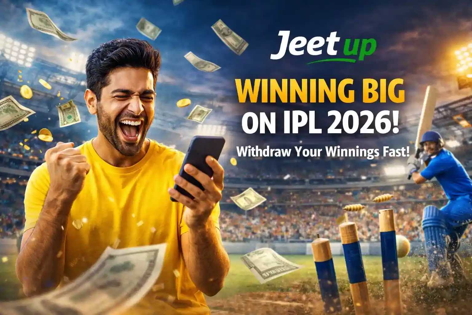 Excited fan checking mobile winnings during IPL 2026 cricket match in stadium