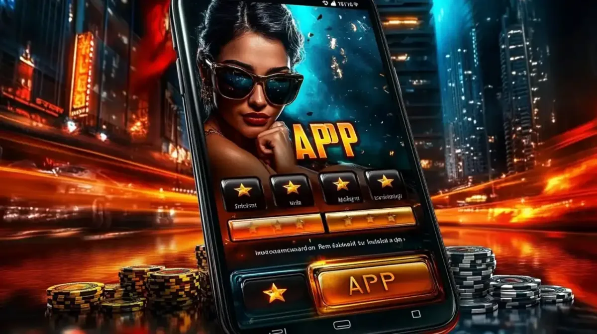 A confident woman with sunglasses shows off the highly-rated Jeet Up mobile app, featuring a 5-star rating system, with casino chips and a dynamic city night scene.