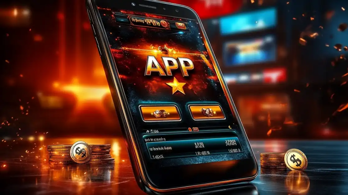 A smartphone displaying the official Jeet Up gaming app, surrounded by stacks of casino chips on a reflective table, signifying big wins and excitement.