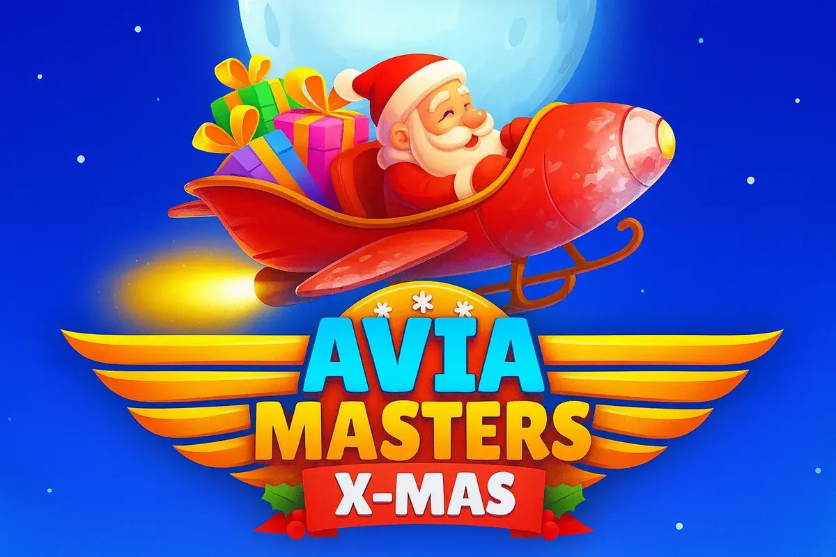 Avia Masters X Mas game artwork featuring Santa Claus flying a festive airplane with gift boxes and holiday themed aviation gameplay