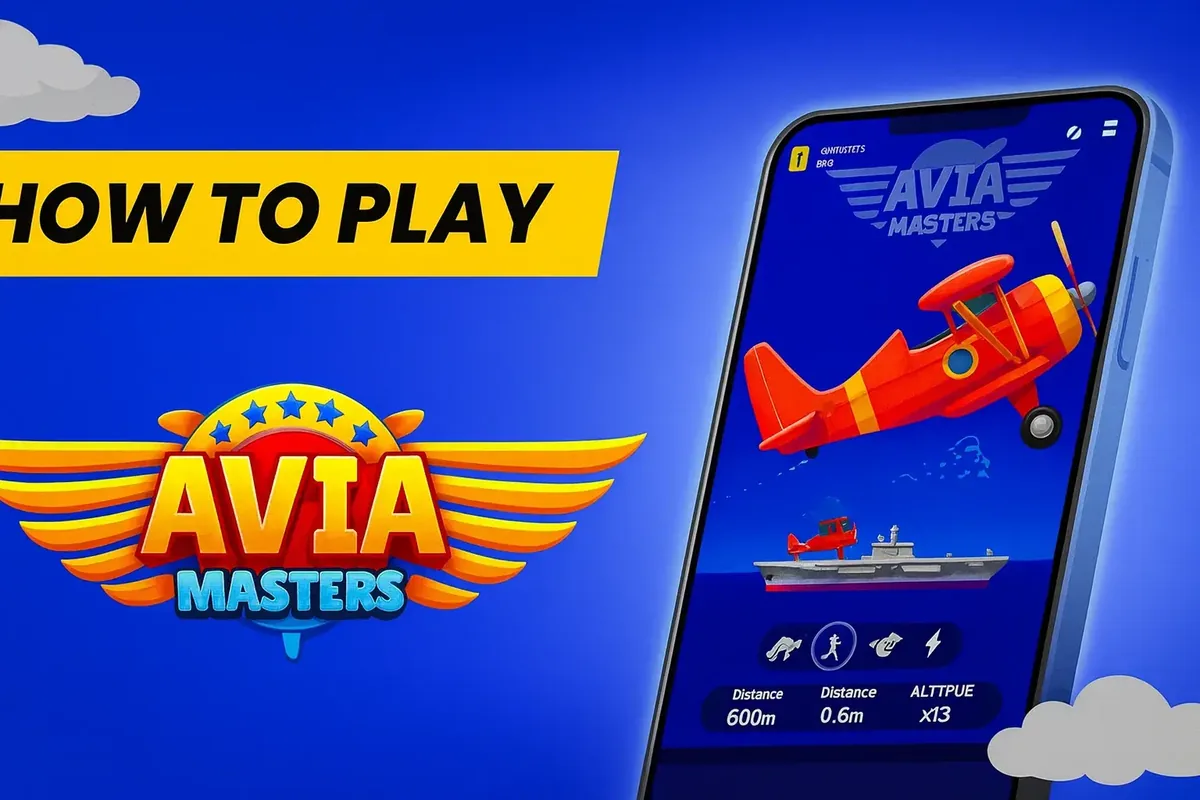 Avia Masters how to play screen showing mobile game interface with airplane flight, distance stats and simple controls