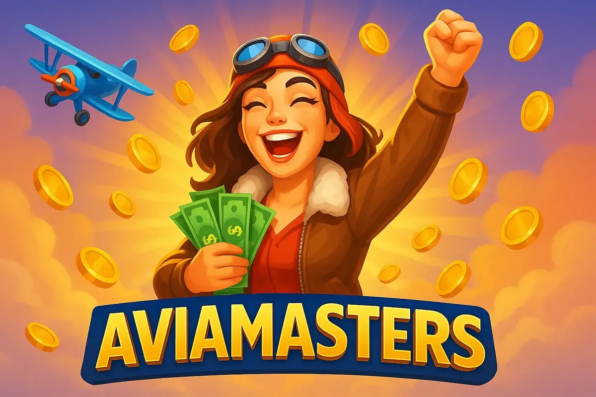 Avia Masters game illustration with a happy female pilot holding cash, flying coins and airplane symbolizing big wins
