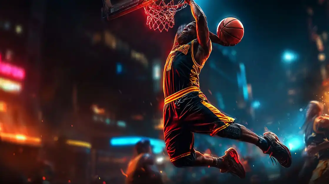 A dynamic basketball scene showing players in action with floating basketballs, representing the exciting basketball betting options available on the Jeet Up sports platform.