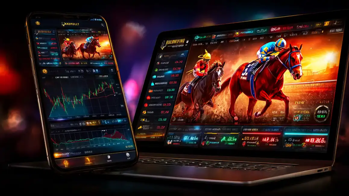 Majestic horses and jockeys race toward the finish line with golden coins flying around them, showcasing the thrilling horse racing betting experience on Jeet Up.
