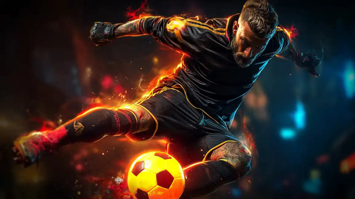 A powerful soccer player strikes the ball with fiery energy, illustrating the intense and exciting football betting opportunities available on the Jeet Up sports app.