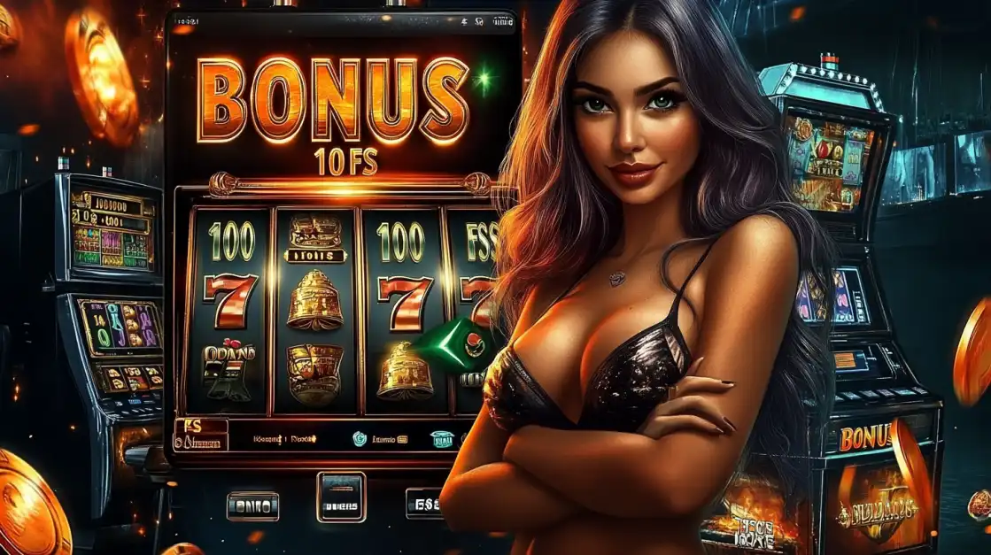 An elegant woman stands beside a classic slot machine at Jeet Up casino, which has landed on a bonus round with 10 free spins (10 FS), highlighting generous promotions.