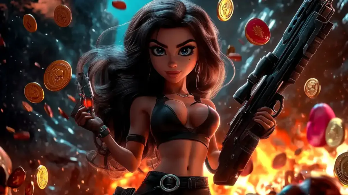 Two fierce female characters armed with guns in an action-packed scene with floating dice, representing a thrilling, high-stakes casino game available on Jeet Up.
