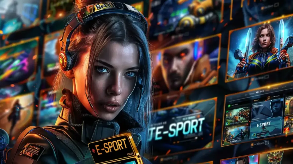 An intense female gamer with a headset represents the world of competitive gaming, with multiple screens showing the e-sports betting opportunities on the Jeet Up platform.