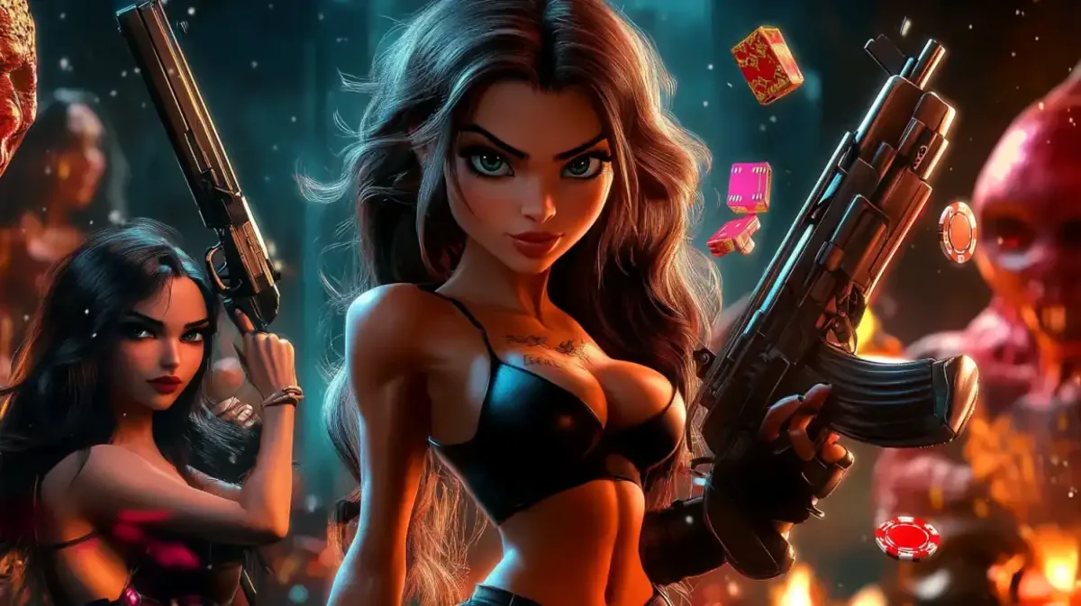 Two fierce female characters armed with guns in an action-packed scene with floating dice, representing a thrilling, high-stakes casino game available on Jeet Up.
