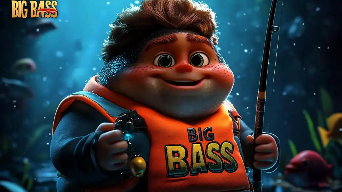 Promotional artwork for the Big Bass slot game, featuring the main character fishing underwater. Play this exciting slot and more at the Jeet Up platform.