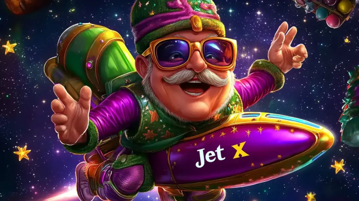 The fun and adventurous mascot for the popular Jet X crash game, available to play at Jeet Up online casino, flying through space on a purple rocket.