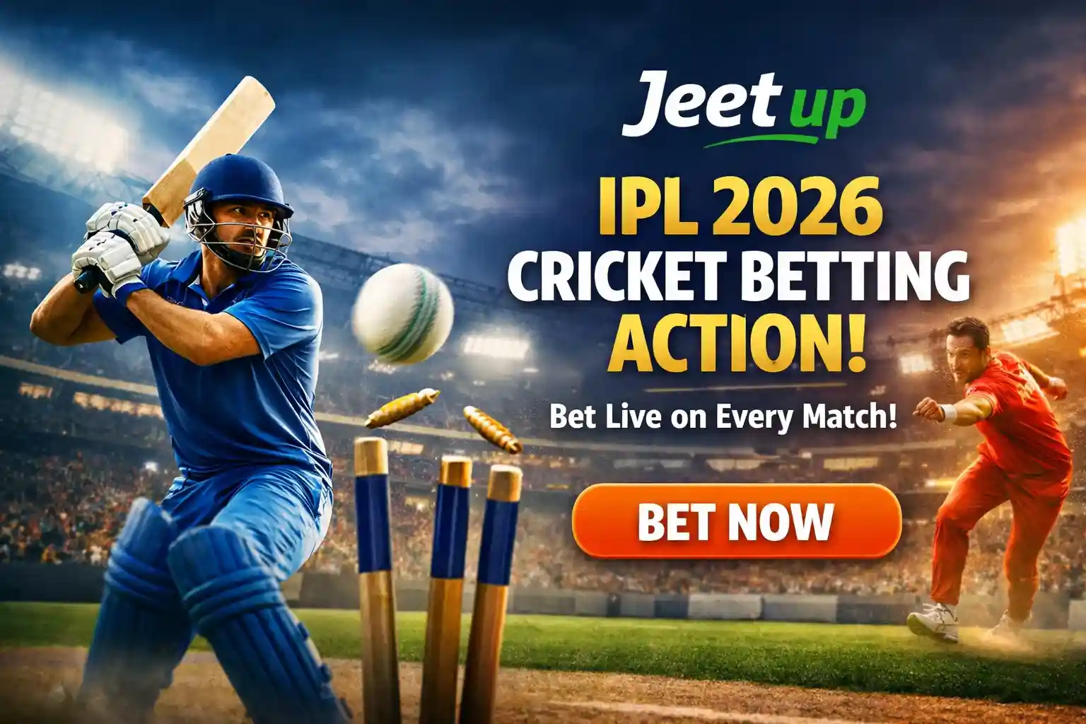 Cricket batsman hitting ball during IPL 2026 betting action in packed stadium