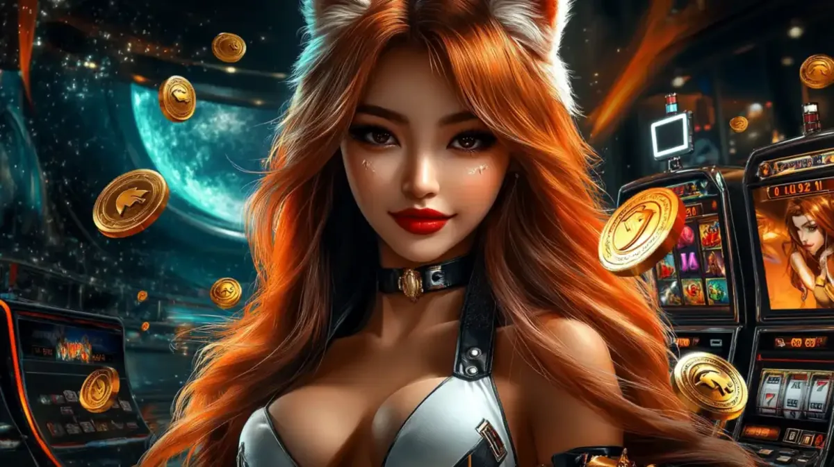 A vibrant illustration of a woman with red hair and fox ears in a futuristic casino, surrounded by Jeet Up slot machines and floating gold coins, ready to play.