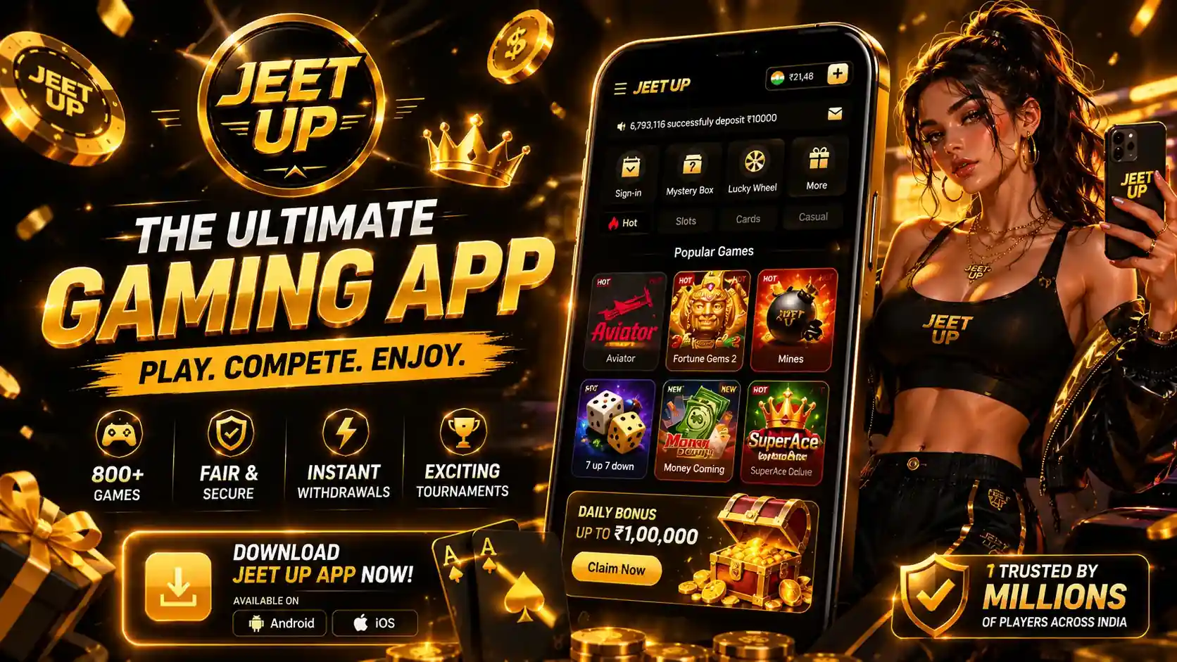 Jeet Up gaming app on mobile with woman taking selfie and jackpots