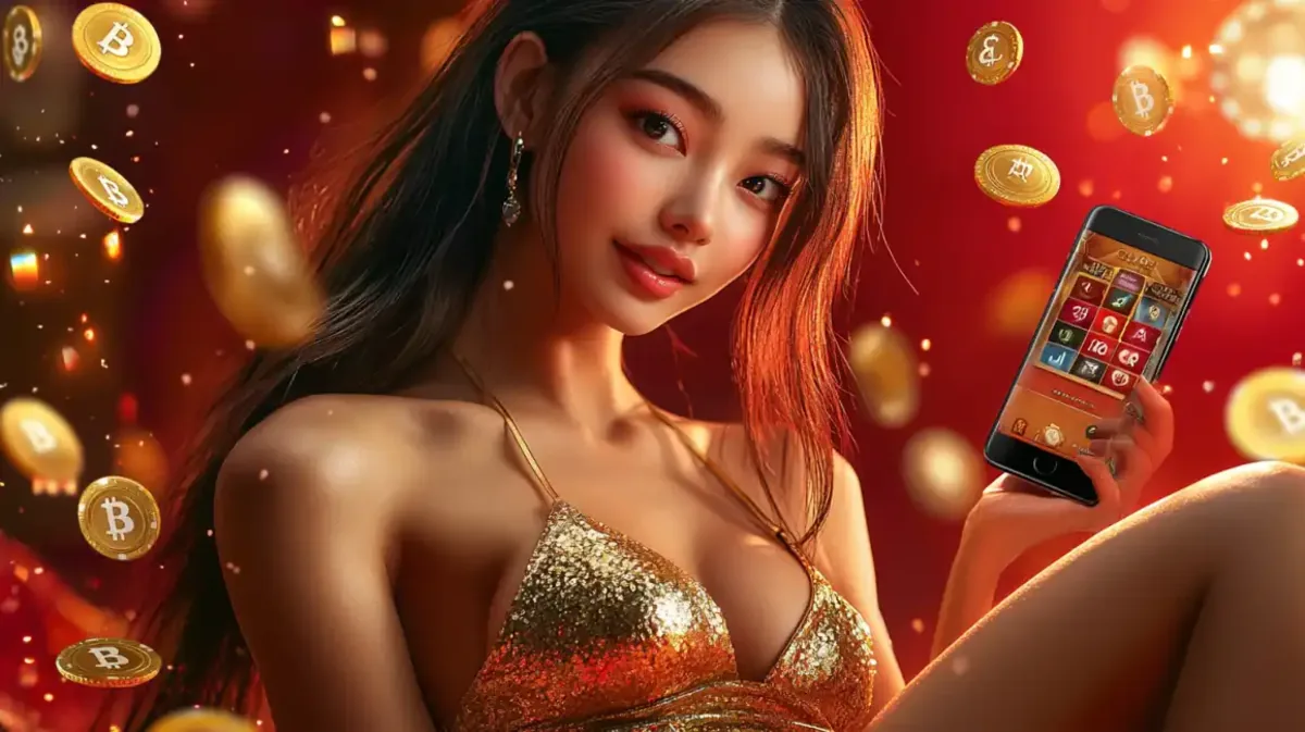 A glamorous woman in a gold dress showcases the Jeet Up mobile casino app on her phone, with golden Bitcoin symbols floating around her in a luxurious red setting.