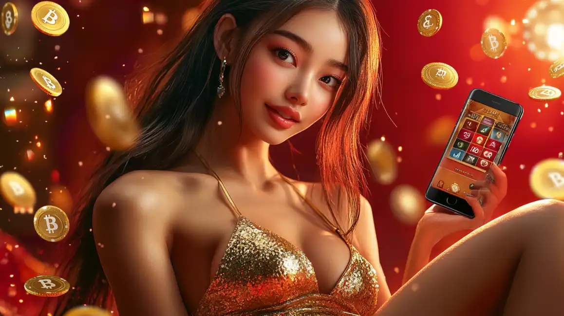 A glamorous woman in a gold dress showcases the Jeet Up mobile casino app on her phone, with golden Bitcoin symbols floating around her in a luxurious red setting.
