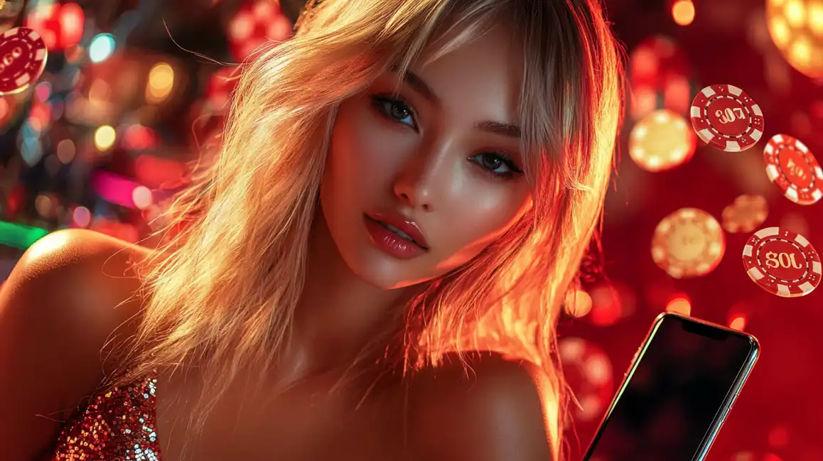 A glamorous blonde woman in a vibrant red casino setting, surrounded by floating poker chips, holds a phone, ready to enjoy the premium gaming experience at Jeet Up.