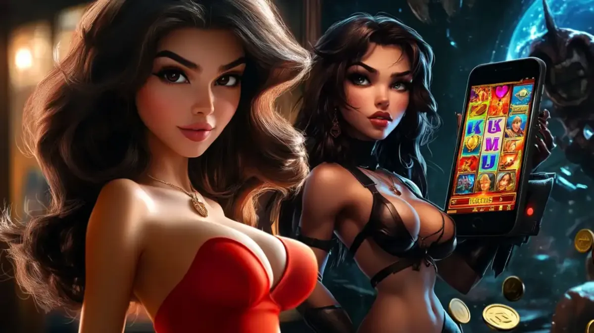 A woman holds a phone displaying vibrant slot games from the Jeet Up mobile casino, with coins scattered around, emphasizing the excitement of mobile gaming.