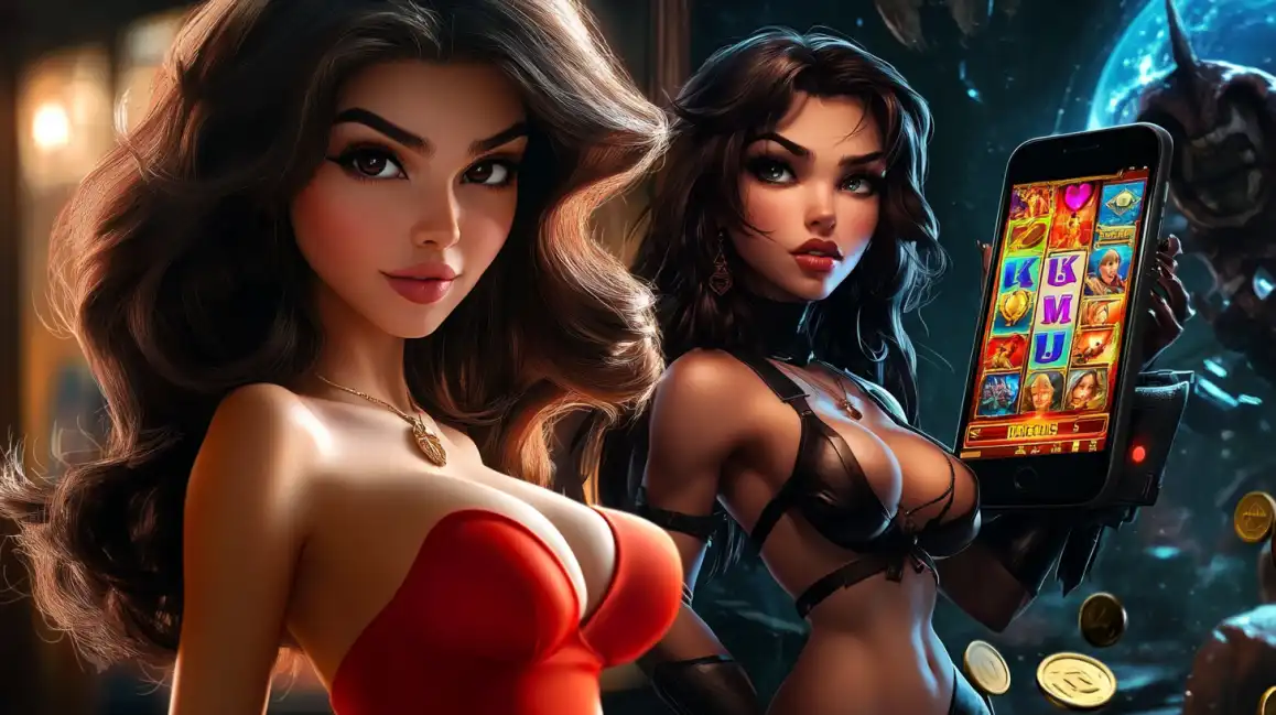 A woman holds a phone displaying vibrant slot games from the Jeet Up mobile casino, with coins scattered around, emphasizing the excitement of mobile gaming.