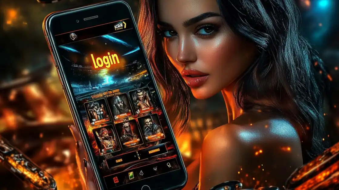 A woman holds a smartphone displaying the login screen for a fantasy-themed game on the Jeet Up platform, featuring a selection of warrior characters.