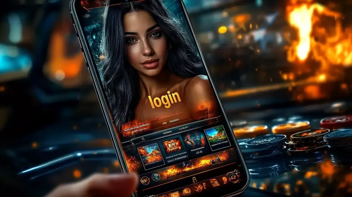 A close-up view of the Jeet Up mobile app login screen, featuring a user-friendly interface with game selections against a fiery, high-energy casino background.
