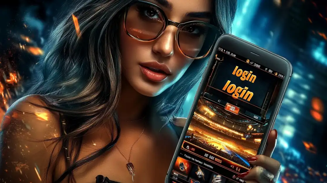A stylish woman with glasses presents the Jeet Up app on her phone, highlighting the easy login process for accessing sports betting and casino games in a stadium.