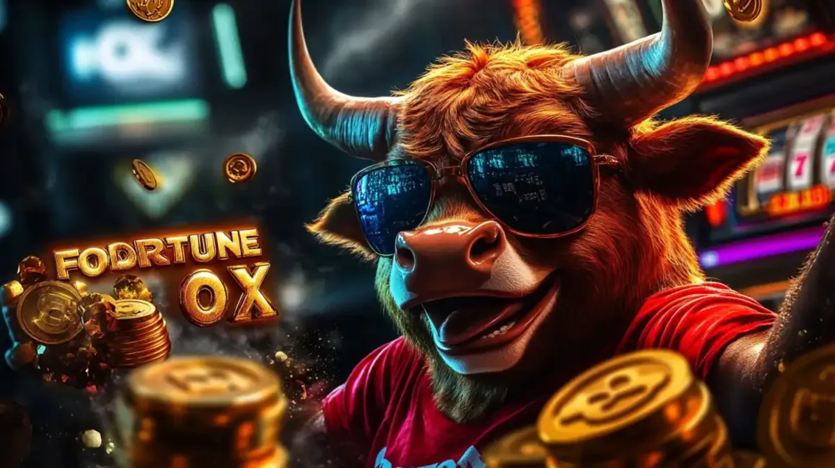 A cool anthropomorphic ox wearing sunglasses smiles confidently in a Jeet Up casino setting, inviting players to try their luck at the popular Fortune Ox slot game.