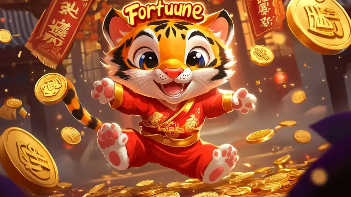 An adorable cartoon tiger cub in a red traditional outfit jumps for joy surrounded by gold coins, representing the fun and rewarding Fortune Tiger slot game on Jeet Up.