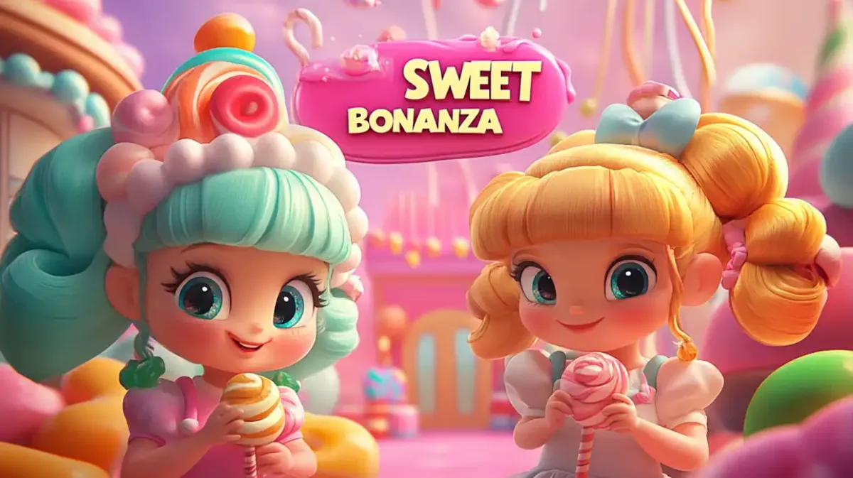 Two cheerful anime girls in a colorful candy land hold lollipops, showcasing the delightful and popular Sweet Bonanza slot game available to play at Jeet Up casino.